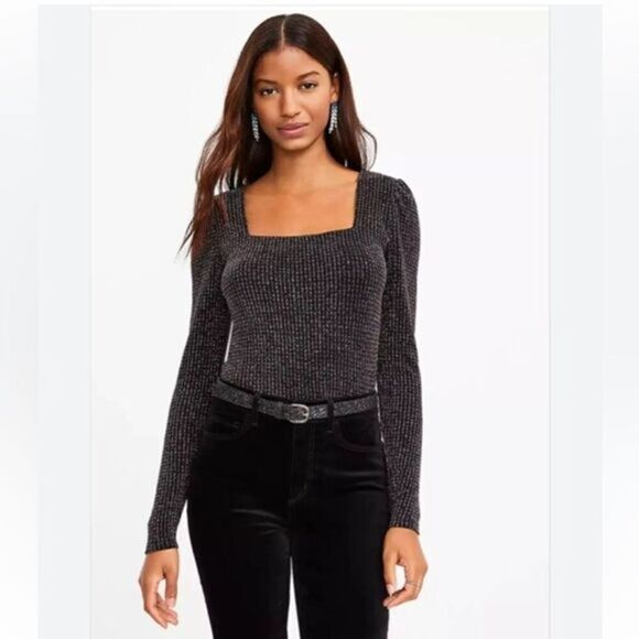 Loft Multicolor Shimmer Square Neck Long Sleeve Top - Picture 1 of 6